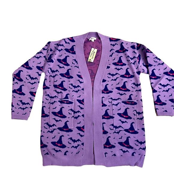 Halloween Plus-Size Cardigan by Magnolia Place, Purple and Navy Witches Hat NEW - Picture 3 of 9